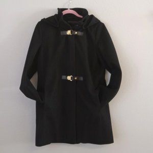 Black Wool Blend Coat Zip Front with Removable Hood Down Filled Size 12
